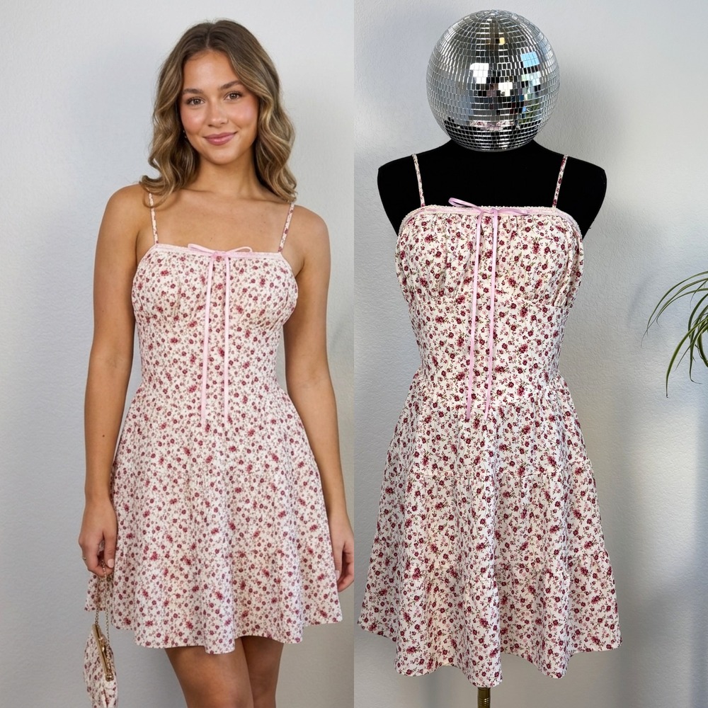 Revolve Monteau Floral Mini Dress, Small Pink Cream | Coquette Cottagecore NEW
